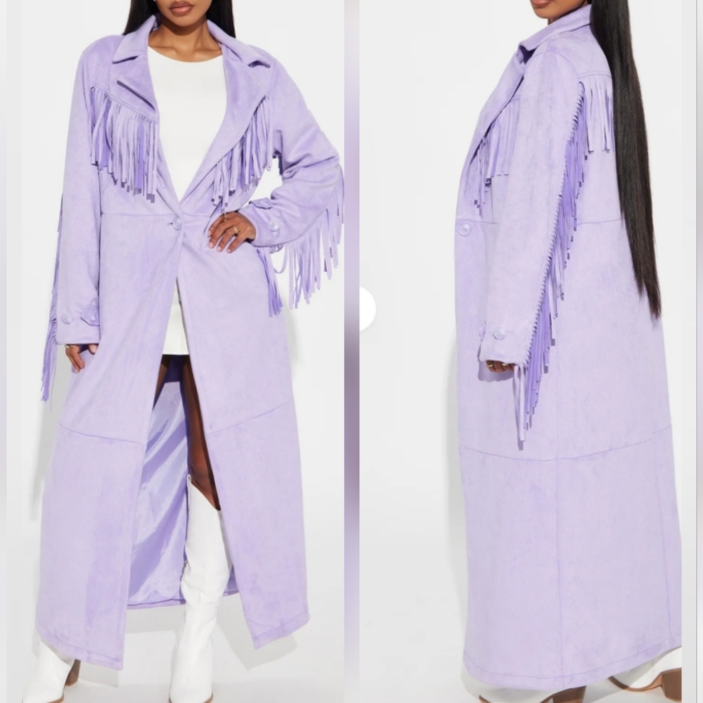 Fashion Nova Lavender Suede Fringe Long Trench Coat